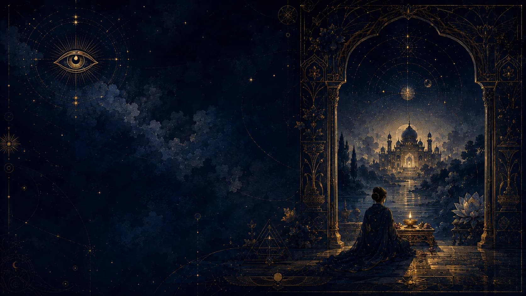 A kneeling figure facing a glowing temple across a river of starlight