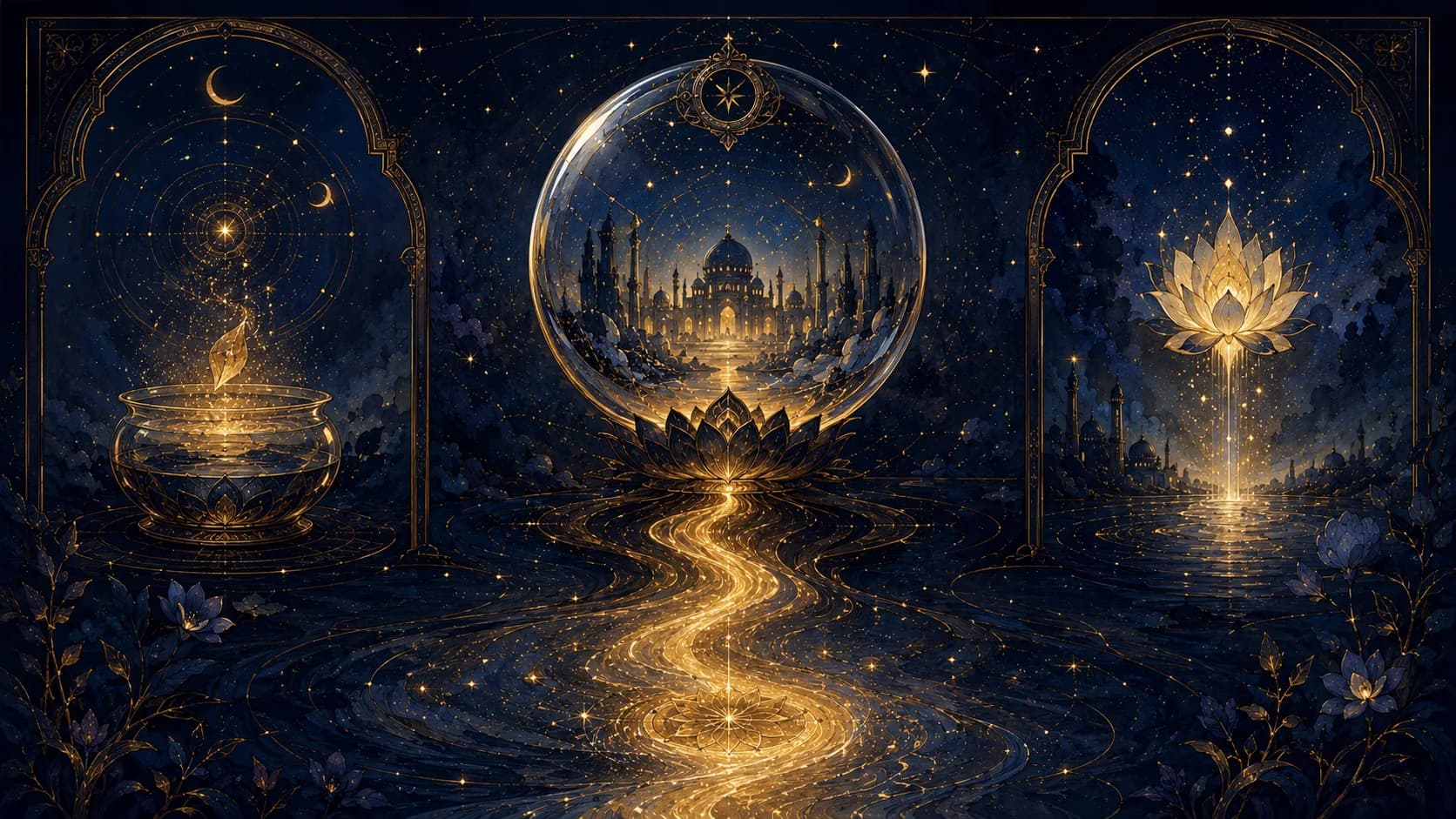 A golden river flowing from a glass sphere between sacred thresholds