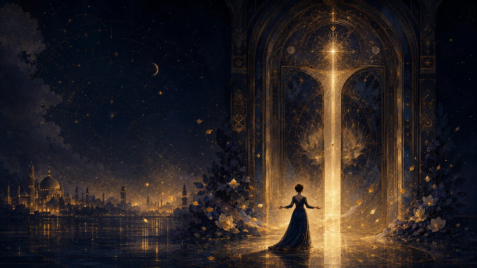 A mortal before a luminous open doorway in a celestial city