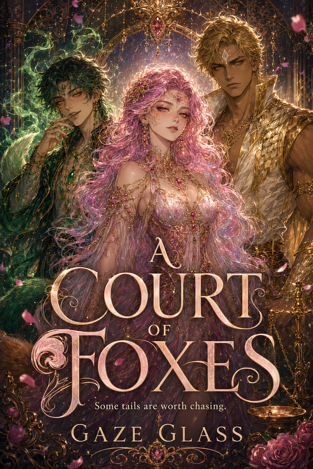 A Court of Foxes cover art with Jem, Marok, and Kitsu