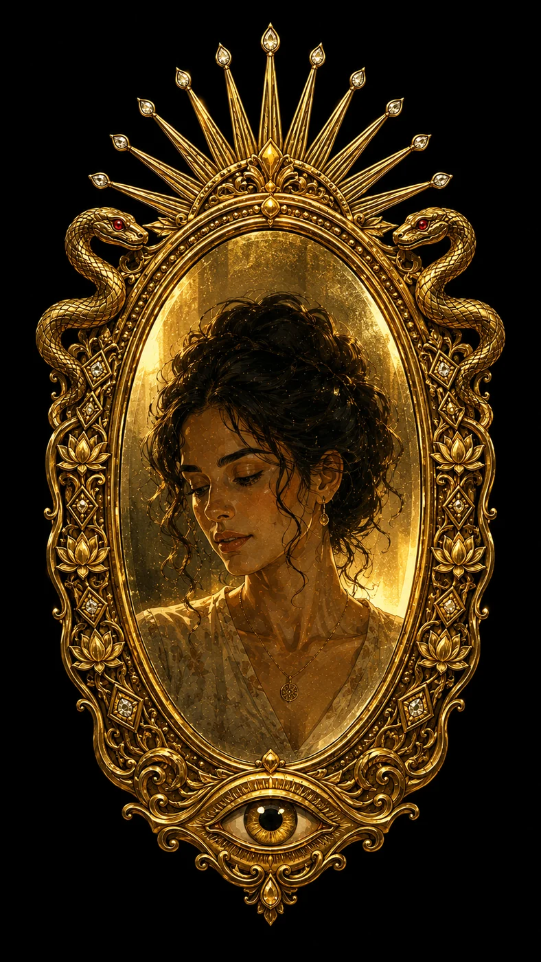 Marcella reflected in a sacred golden mirror