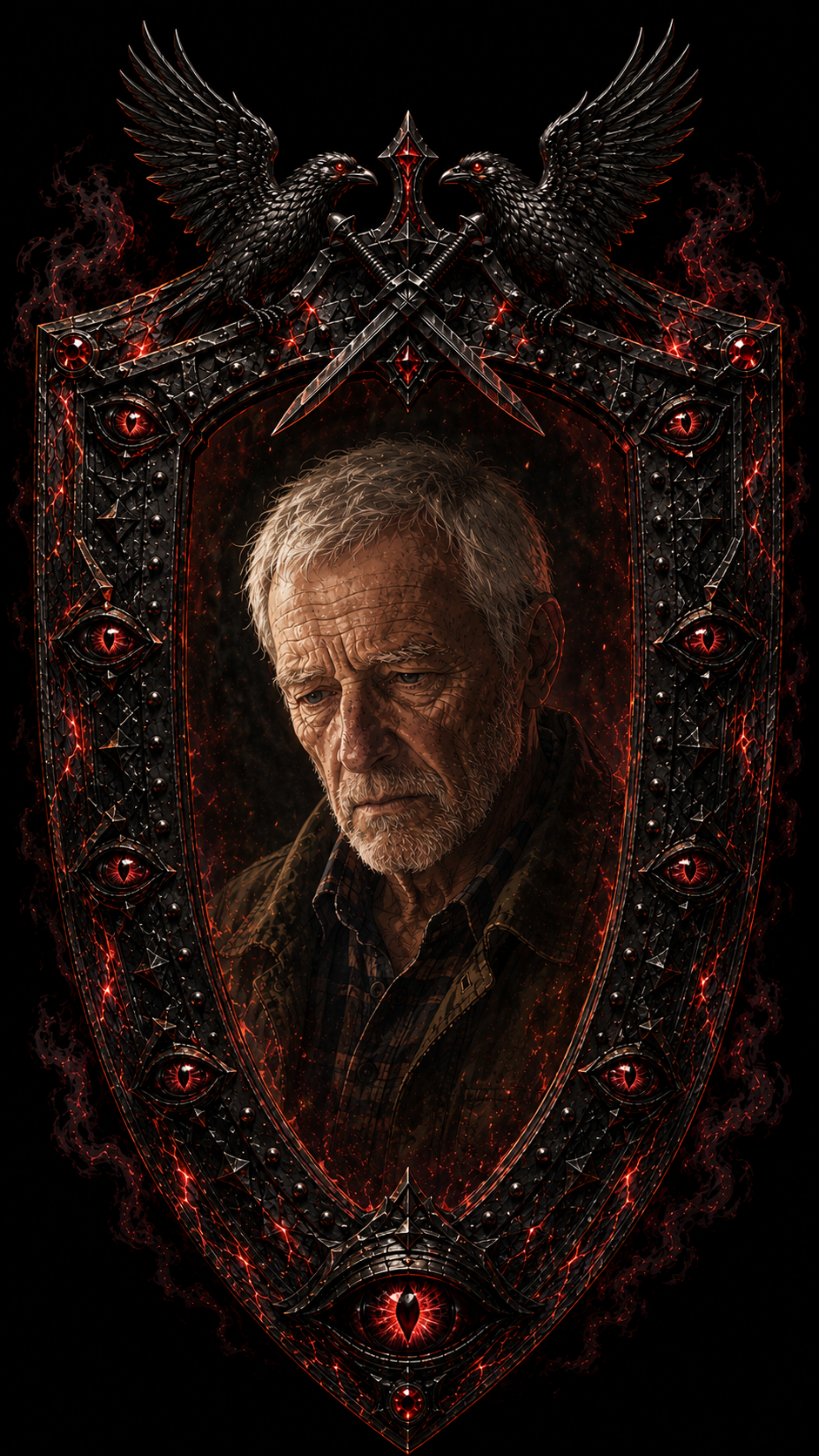 Walter reflected in a black and red sacred shield-glass after being blessed by War