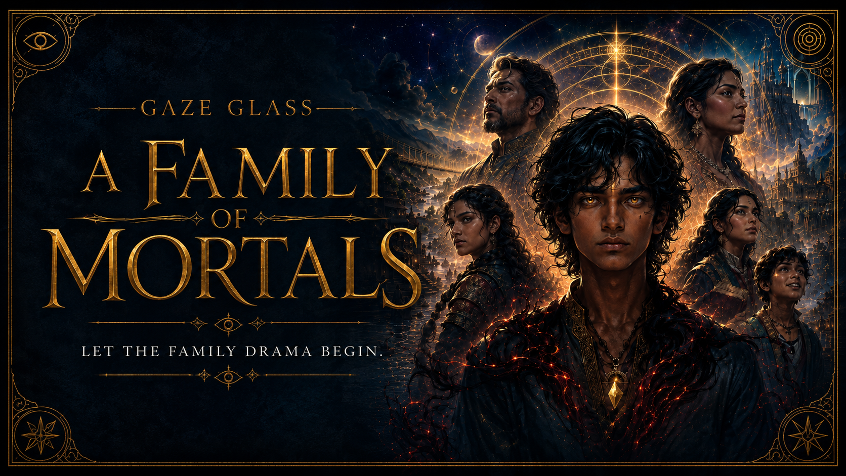 A Family of Mortals, showing the Shah family beneath a celestial mechanism